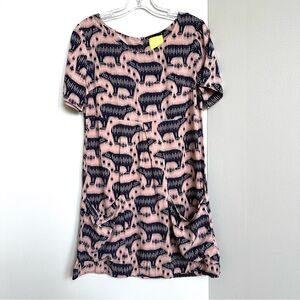 Anthropologie Maeve Bear Print Mini Dress Pink + Navy Blue Slouchy Pockets Aztec